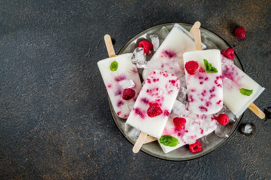 Summer Sweet Desserts, Homemade Organic Ice Cream Popsicles From Raspberry And Yogurt, Dark Rusty Ba